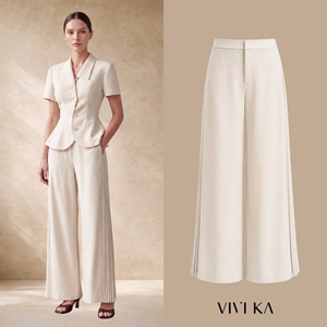 Pantalones Palazzo Elegantes de Oficina para Mujer, de Cintura Alta y Pierna Ancha con Paneles Laterales Plisados, ODM OEM, VESPER - Product Image 1