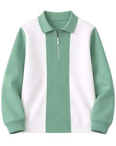 Sudadera Polo Personalizada para Hombre, Verde Menta y Blanca, con Cierre de Cremallera de un Cuarto, Paneles Acanalados, Estilo Casual, Forro Polar, Manga Larga, Ropa Urbana - Product Image 1