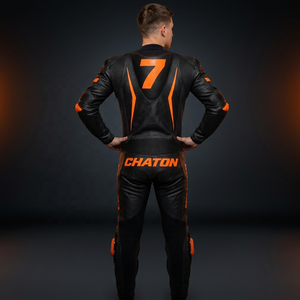 Combinaison de moto en cuir pour homme, manches longues, noire et orange, imprimée, coupe-vent, toutes saisons - Product Image 2