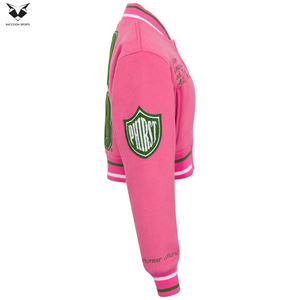 2026 Hot Sale New Arrival Pink Green Embroidery Full Sleeve Turn-down Collar Short Length Autumn Wear For Women Varsity <b>Jackets</b> - Product Image 3