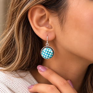 Round Blue Checkered Stone <b>Earrings</b> Handmade Western Boho Style Unique Designer Statement Gemstone Jewelry <b>Fashion</b> <b>Earrings</b> - Product Image 5