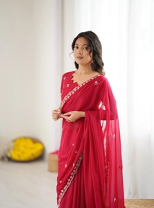 Sari KV Tradicional de Rayón Bordado, Sin Arrugas, Reversible, Lucknow Chikankari Georgette - Product Image 6