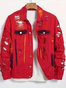 Crescent Wear Men's Red Ripped Denim <b>Jacket</b> Regular Fit <b>Punk</b> Style Button Fly Solid Color Wash Eco-Friendly Cotton Fabric Winter - Product Image 4