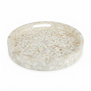 Luxury <b>Oval</b> Mother of Pearl Inlay Wooden Tray Handmade Mango Wood Serving Platter With Gold Brass Leaf Handls <b>Coffee</b> <b>Table</b> Decor - Product Image 5