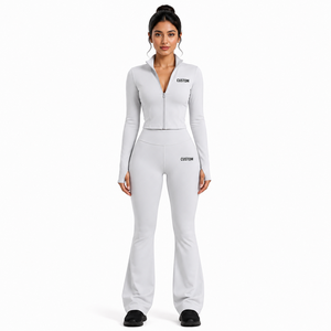 Custom Logo <b>Women</b> 2 Piece Yoga Set Long Sleeve Full Zip Jacket Flared <b>Leggings</b> Activewear Fitness Gym Workout Suits Active Track - Product Image 1
