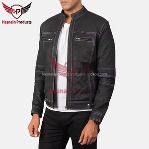 Chaqueta de Motociclista para Hombre, Lavada, con Cuello Alto, Cierre de Cremallera, Resistente al Viento, Estilo Motero, Color Sólido, Corte Regular, para Otoño - Product Image 3