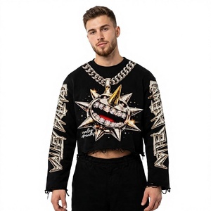 Camiseta de Manga Larga Negra para Hombre, Estilo Urbano, con Estampado de Personajes, Corte Holgado, Cuello Redondo, Tejido de Algodón - Product Image 1