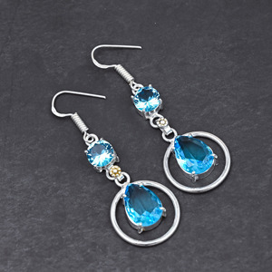 Boucles d'oreilles personnalisées en topaze bleue, style bohème, faites à la main, 1,90 pouce, bijoux en argent sterling 925 - Product Image 4