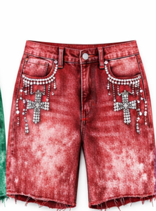 Pantalones Cortos de Mezclilla para Hombre, Personalizados con Logotipo, Marca Privada, Alta Calidad, Estilo Y2K, Cierre de Cremallera, 100% Algodón, con Pedrería - Product Image 5