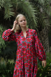 Vestido Vintage de Algodón 100% Ecológico para Mujer, Estampado Floral a Mano, Cuello Barco, Dobladillo Burbuja, Manga Corta, Largo hasta la Rodilla, Venta al por Mayor - Product Image 3