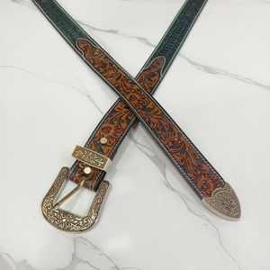 100% Genuine Leather Western <b>Belt</b> Floral <b>Tooled</b> Designer Cowboy <b>Belt</b> Silver Pin Buckle Vintage Casual Style <b>Belt</b> For Men & Women - Product Image 3