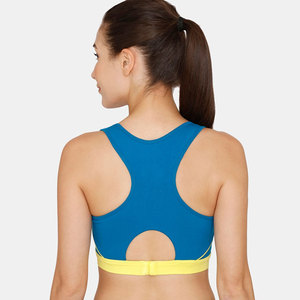 Women's <b>Blue</b> Yellow Contrast Sports <b>Bra</b> Scoop Neck Racerback Medium Support Breathable Seamless Yoga Activewear - Product Image 5