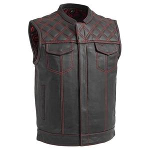 Chaleco de Cuero Genuino para Hombre, Estilo Motero, con Costuras Rojas, Cierre de Cremallera, Color Sólido, Prenda Exterior - Product Image 2