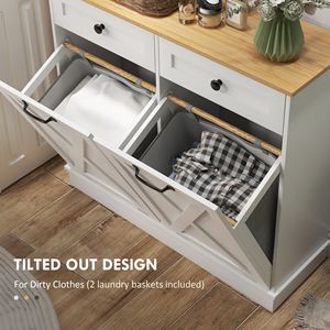 White Tilt Out Cabinet with 2 Removable <b>Baskets</b> and 2 Drawers <b>for</b> Bathroom <b>Storage</b>-Laundry Hamper - Product Image 4