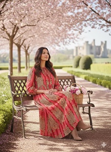 <b>A</b> <b>LINE</b> Cotton Floor Length <b>Dress</b> V Neck Three Quarter Puff Sleeves Animal <b>Pattern</b> Women Daily Wear Embroidery Pocket - Product Image 3