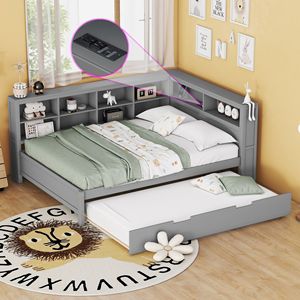 Lit de jour en bois pleine grandeur avec lit gigogne gris-Comprend une étagère de rangement et des ports de chargement USB - Product Image 5