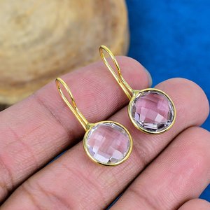 Natural Pink Amethyst Round Shape Gemstone Dangle Hook Earring 18k Gold Plated Over 925 <b>Sterling</b> <b>Silver</b> Finish - Product Image 1
