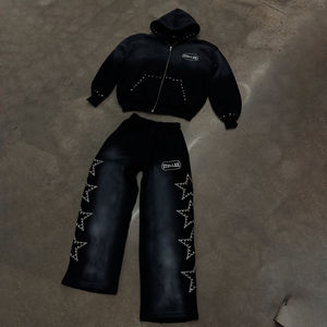 Survêtement homme 2026 en molleton 100% coton avec strass, coupe évasée, logo personnalisé, fermeture éclair, pantalon baggy délavé à l'acide - Product Image 6