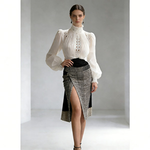 Hot sale on Temu ladies <b>white</b> high neck pleated blouse <b>long</b> <b>sleeve</b> professional office top chic button detail casual weekend - Product Image 3