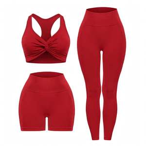 Ensemble de sport 3 pièces personnalisé pour femme, taille haute torsadée avec cordon de serrage, col bénitier, anti-transpiration, leggings de yoga longueur genou pour l'entraînement - Product Image 6