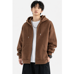 Sweat-shirt à capuche zippé oversize marron pour homme, style streetwear décontracté, coupe ample, manches longues, mélange de coton, hiver automne - Product Image 1