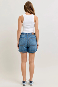 Shorts en jean taille haute pour femmes, bleu uni, coton, style décontracté avec poches, tissu tissé, design respirant - Product Image 6