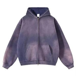 เสื้อฮู้ดดี้ผู้ชายไซส์ใหญ่คุณภาพสูงแบบซิป วินเทจ สีซีดจาง สไตล์ทำสีแบบแอซิดวอช - Product Image 3