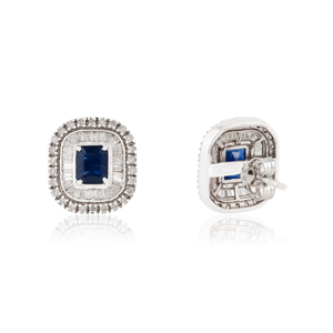 High End Premium Quality 14K Real White Gold Blue Sapphire & Diamond Double Cluster Push <b>Back</b> Stud <b>Earrings</b> For Women' Jewelry - Product Image 5
