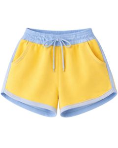 Ensemble décontracté deux pièces pour femme, comprenant un crop top à capuche et un short, bicolore jaune et bleu, en molleton de coton, vêtements de détente, fabricant en gros - Product Image 4