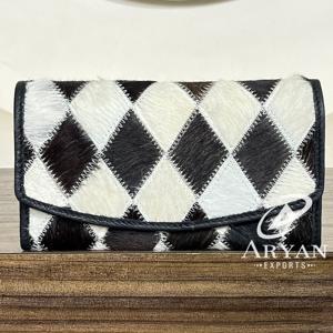 Portefeuilles longs pour femmes en cuir de vachette véritable de luxe, patchwork, faits à la main, motif diamant, fourrure, avec poche zippée - Product Image 1