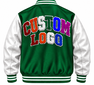 Custom Logo Varsity <b>Jacket</b> <b>Men</b> Green <b>White</b> Embroidered Letter Front Design Regular Fit Autumn Wear Preppy Style - Product Image 2