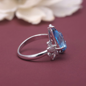 Anillo Floral con Diamantes Azules Cultivados en Laboratorio, Certificados por IGI, en Plata de Ley 925, Anillo de Diamantes con Corte Pera y Marquesa - Product Image 3