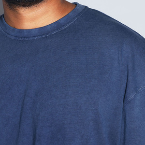Oversized Solid <b>Blue</b> Cotton T-Shirt <b>Men</b> Regular Sleeve O-Neck Casual Acid Wash 300g Anti-Wrinkle Quick Dry Jersey Fit - Product Image 3