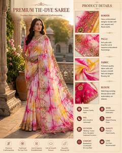 Sari en soie tie-dye de luxe, broderie lourde, travail Zari, séchage rapide, sans plis, protection solaire, style moderne, tenue de mariage indienne - Product Image 4