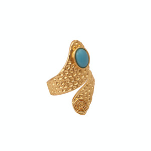 Natural Turquoise Wrap <b>Ring</b> <b>Adjustable</b> Statement Boho <b>Ring</b> Gold Plated Hammered Textured Natural Blue Gemstone Jewelry Gift - Product Image 5