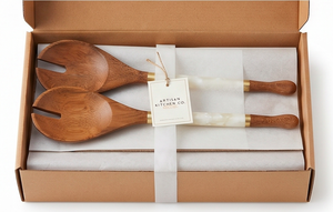 Ensemble de saladiers en bois de teck avec poignées en marbre, design minimaliste, finition en bois naturel poli à la main, pour la restauration et les hôtels - Product Image 4