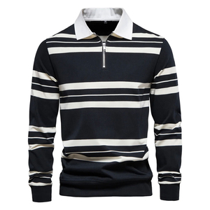 เสื้อโปโลแขนยาวลายทาง – เสื้อผ้าลำลองระบายอากาศได้ดี – รับผลิตโลโก้ตามสั่ง (OEM) - Product Image 1