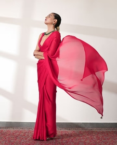 KV Ruby <b>Red</b> Chiffon Bollywood Style Saree With Unstitched <b>Blouse</b> - Product Image 6