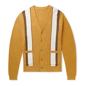 Cardigan tricoté sur mesure pour homme de qualité supérieure avec empiècements rayés blancs et fermeture boutonnée, manches longues, idéal pour l'automne - Product Image 1