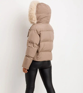 Women's High Quality Breathable Canvas Quilted Puffer <b>Jacket</b> <b>Fur</b> Hood Zipper Closure Winter <b>Short</b> Coat Lightweight Polyester - Product Image 2