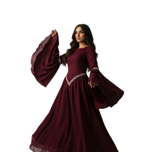 Robe longue bordeaux à manches lanternes évasées avec ceinture brodée, coupe ample en rayonne pour femme, idéale au quotidien, style Abaya - Product Image 4