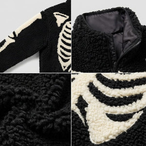 <b>Men's</b> <b>Gothic</b> Fleece <b>Jacket</b> Skeleton Print Zipper Closure Winter Warm Sherpa Lined Thick Flocking Embroidery Coat - Product Image 6