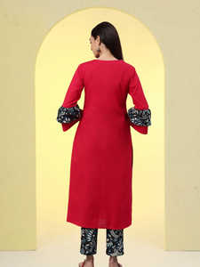 Conjunto de Pantalón y Kurta Recto de Algodón Sólido Estilo Chaqueta para Mujer, Colores Rosa y Negro, Étnico, Tradicional, Formal, Festivo, Venta al por Mayor - Product Image 4