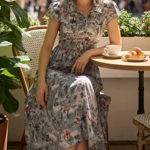 เดรสสายเดี่ยวผู้หญิง ลายอิกกัต ทรงพลิ้ว ยาวคลุมข้อเท้า สีน้ำเงิน สไตล์ลำลอง ติดกระดุม ใส่ได้ทุกวัน ระบายอากาศได้ดี ทรงเอไลน์ ผ้าฝ้าย 100% - Product Image 1