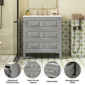 Mobile Bagno Autoportante con Struttura in Legno Massello, Lavabo Singolo da 30 Pollici con 3 Cassetti, Lavabo in Ceramica, Armadietto Contenitore da Bagno da 30 Pollici - Product Image 6