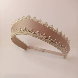 Gold Lace Pearl Satin Padded Headband Women Wedding Party Wear Hair Accessory Handcrafted Bridal Crown Broad <b>Alice</b> <b>Band</b> Hairband - Product Image 1