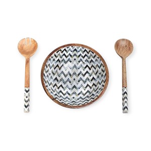 Juego de Tazones de Madera de Diseño con Esmalte Chevron Blanco y Negro y Cucharas de Servir a Juego para una Cena Moderna - Product Image 1