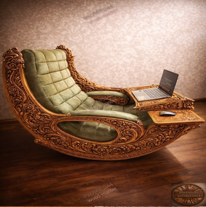 <b>Vintage</b> wooden <b>rocking</b> <b>chair</b> with wing-carved armrests and tufted beige cushion seat, available at wholesale prices. - Product Image 5