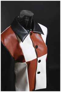 Hot Sale Customise British Style Cropped Button Plaid PU Baseball <b>Jackets</b> <b>Blazer</b> <b>Leather</b> <b>Jacket</b> For Women - Product Image 2