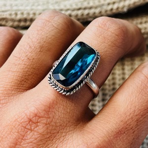 <b>Boho</b> Blue Topaz <b>Ring</b> 925 Sterling Silver <b>Ring</b> Chunky Cocktail <b>Ring</b> Rope border <b>Ring</b> Wholesale <b>Ring</b> For women - Product Image 3